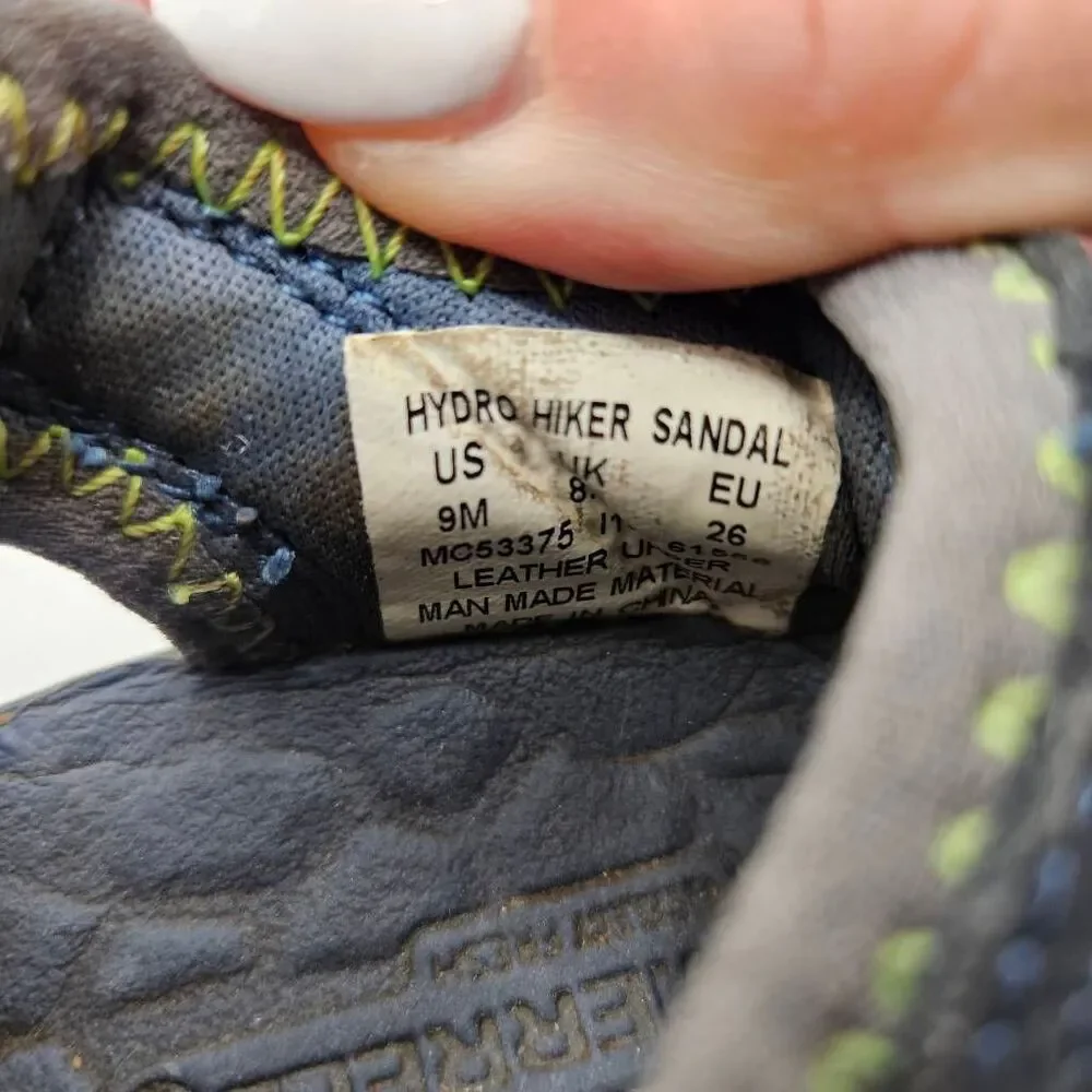Merrell Hydro Hiker Kids Sandals  in a navy blue and lime green colorway, featur